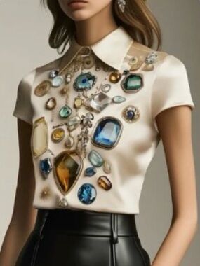 STYLEWE White 3D Collared Blouse with Jewel Motif